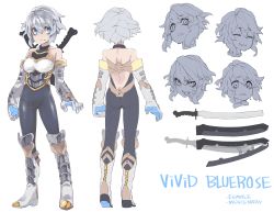 Rule 34 | 1girl, angry, bare shoulders, black bodysuit, blue eyes, bodysuit, boots, breasts, character name, closed mouth, concept art, elbow gloves, expressions, gauntlets, gloves, grey hair, highres, looking at viewer, medium breasts, open mouth, original, parted lips, reiga (act000), scabbard, sheath, short hair, simple background, standing, sword, tears, weapon, white background, wide-eyed