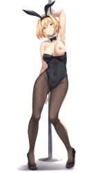 Rule 34 | 1girl, alternate costume, animal ears, arm behind back, arm up, armpits, bare arms, bare shoulders, black bow, black bowtie, black footwear, black leotard, blonde hair, blush, bow, bowtie, breasts, breasts apart, brown eyes, brown pantyhose, collarbone, commentary request, covered navel, detached collar, djeeta (granblue fantasy), fake animal ears, female focus, full body, granblue fantasy, grin, hair between eyes, head tilt, high heels, highleg, highleg leotard, highres, leaning, leaning to the side, leotard, looking at viewer, medium breasts, neck, nipples, one breast out, pantyhose, playboy bunny, pole, pole dancing, rabbit ears, shadow, short hair, simple background, smile, solo, standing, strapless, strapless leotard, stripper pole, sweatdrop, terry (pixiv3274443), white background, wrist cuffs