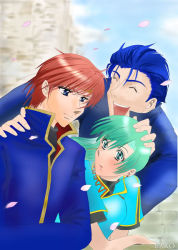 Rule 34 | 1girl, 2boys, arm support, blue eyes, blue hair, blush, earrings, eliwood (fire emblem), closed eyes, fire emblem, fire emblem: the blazing blade, friends, green eyes, green hair, group hug, hand on head, hand on shoulder, happy, hector (fire emblem), hug, jewelry, laughing, long hair, looking at another, looking down, lyn (fire emblem), multiple boys, nintendo, open mouth, petals, red hair, short hair, smile, tiara