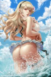 Rule 34 | 1girl, artist name, ass, back, bare shoulders, beach, bikini, bikini skirt, blonde hair, blue sky, blush, breasts, cloud, corrin (female) (fire emblem), corrin (female) (summer) (fire emblem), corrin (fire emblem), day, fire emblem, fire emblem fates, fire emblem heroes, flower, from behind, hair between eyes, hair flower, hair ornament, hairband, highres, large breasts, long hair, looking at viewer, looking back, nintendo, ocean, official alternate costume, open mouth, outdoors, pointy ears, red eyes, sciamano240, sidelocks, sky, solo, splashing, summer, swimsuit, thigh strap, wading, white bikini, white hair