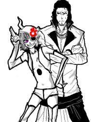 Rule 34 | 1boy, 1girl, arrancar, black eyes, bleach, boots, clenched teeth, collarbone, colored skin, coyote starrk, crossed arms, detached sleeves, eyepatch, hollow (bleach), lilynette gingerbuck, long sleeves, midriff, monochrome, navel, nufunufu, number tattoo, parted lips, pink eyes, purple eyes, shorts, simple background, sleeveless, smile, spot color, sweat, tattoo, teeth, white background, white skin