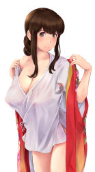 Rule 34 | 1girl, akagi (kancolle), armpit cutout, blush, braid, braided ponytail, breasts, brown eyes, brown hair, cleavage, closed mouth, clothing cutout, collarbone, highres, kantai collection, large breasts, long hair, looking at viewer, off shoulder, red vest, shirt, short sleeves, sidelocks, simple background, smile, solo, thighs, vest, wa (genryusui), white background, white shirt