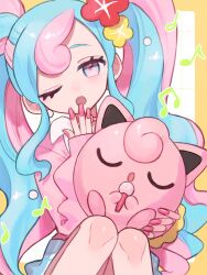 Rule 34 | 1girl, cardigan, closed eyes, creatures (company), earrings, fairy miku (project voltage), flower, game freak, gen 1 pokemon, hair flower, hair ornament, hatsune miku, highres, holding, holding microphone, jewelry, jigglypuff, long hair, microphone, multicolored hair, musical note, nail polish, nintendo, one eye closed, pink cardigan, pink nails, pokemon, pokemon (creature), project voltage, twintails, two-tone hair, umenoki 01, very long hair, vocaloid, yawning