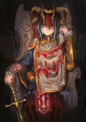 Rule 34 | 1girl, alternate costume, arrow (symbol), black hair, chair, commentary, cross, cross necklace, crown, expressionless, fashion request, gauntlets, head tilt, highres, horns, jewelry, kaatoso, kijin seija, looking at viewer, medieval, miracle mallet, multicolored hair, necklace, nose, red eyes, red hair, scar, short hair, single gauntlet, sitting, solo, streaked hair, sword, throne, touhou, weapon, white hair