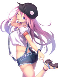 Rule 34 | 1girl, ;p, absurdres, adjusting clothes, adjusting shoe, ass, blue eyes, butt crack, crop top, highres, leg up, long hair, looking at viewer, looking back, luupechi, one eye closed, pink hair, short shorts, shorts, solo, suspender shorts, suspenders, tongue, tongue out, white background