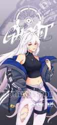 Rule 34 | 1girl, bare shoulders, belt collar, black tank top, blue coat, breasts, coat, collar, commentary request, commission, cross, cross necklace, crossed bangs, gradient background, grey background, grey coat, hair between eyes, hand on own hip, highres, jewelry, large breasts, long hair, looking at viewer, midriff, multicolored coat, navel, necklace, open clothes, open coat, open mouth, original, pants, peppsi (saba sabasuk0), red eyes, shark, skeb commission, solo, tank top, thank you, torn clothes, torn pants, two-sided coat, two-sided fabric, two-tone coat, watermark, white hair, white pants