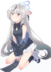 Rule 34 | 1girl, animal ears, blue archive, blush, breasts, brown eyes, grey hair, halo, highres, jacket, kneeling, kokona (blue archive), kyuuri (miyako), long hair, looking at viewer, shoes, simple background, sleeveless, small breasts, solo, white background
