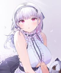 Rule 34 | 1girl, :o, anchor, apron, azur lane, bare shoulders, black hairband, black skirt, blunt bangs, blush, breasts, button eyes, buttons, center frills, clothing cutout, cpqm, dido (azur lane), doll, earrings, flower, frilled apron, frilled skirt, frills, hairband, high-waist skirt, highres, jewelry, large breasts, long hair, looking at viewer, parted lips, petals, pink eyes, rose, shirt, silver hair, skirt, sleeveless, sleeveless shirt, solo, underboob, underboob cutout, waist apron, white apron, white flower, white rose, white shirt