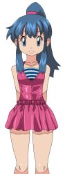 Rule 34 | 1girl, alternate costume, arms behind back, blue eyes, blue hair, creatures (company), dawn (pokemon), game freak, matching hair/eyes, nintendo, oekaki, pokemon, pokemon: arceus and the jewel of life, pokemon (anime), pokemon dppt (anime), ponytail, ryuntack, simple background, skirt, smile, solo, swimsuit, white background