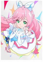 Rule 34 | 1girl, ascot, border, bow, closed mouth, commentary, cure prism, double v, dress, earrings, elbow gloves, frilled dress, frills, from above, full body, gloves, green eyes, grey background, hair bow, hands up, highres, hirogaru sky! precure, jewelry, kissshotmagia, layered skirt, long hair, looking at viewer, magical girl, nijigaoka mashiro, pink hair, precure, simple background, single earring, skirt, sleeveless, sleeveless dress, smile, solo, standing, v, very long hair, white ascot, white border, white bow, white dress, white gloves, wing hair ornament