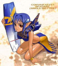 Rule 34 | 1girl, aircraft, airplane, arm support, blue hair, character name, f2y, janome gochou, jet, mecha musume, military, original, personification, pointy ears, red eyes, revision, skirt, solo, surfboard, wristband