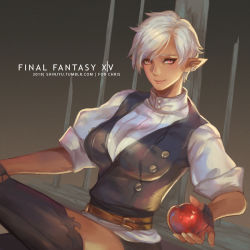 Rule 34 | 1girl, apple, belt, black thighhighs, breasts, commission, copyright name, dark-skinned female, dark skin, dutch angle, earrings, elezen, elf, final fantasy, final fantasy xiv, food, fruit, holding, holding food, jewelry, large breasts, looking at viewer, moogie (shinjyu), parted bangs, pointy ears, red eyes, shirt, short hair, silver hair, sitting, smile, solo, thighhighs, warrior of light (ff14), white shirt