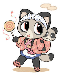 Rule 34 | 1girl, artist request, candy, furry, japanese clothes, lollipop, open mouth, raccoon, red eyes