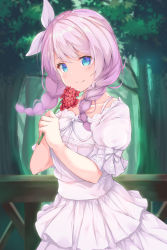 Rule 34 | 1girl, bang dream!, blurry, blurry background, braid, collarbone, commentary request, dress, flower, hair ribbon, highres, holding, holding flower, kurai masaru, long hair, looking at viewer, outdoors, pink hair, pink ribbon, red flower, ribbon, short sleeves, smile, solo, tree, twin braids, wakamiya eve, white dress