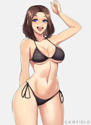 Rule 34 | 1girl, :d, arm up, bad id, bad pixiv id, bikini, black bikini, blue eyes, breasts, brown hair, cawfield, cleavage, freckles, gluteal fold, halterneck, highres, lace, lace-trimmed bikini, lace trim, looking at viewer, navel, open mouth, samsung, samsung sam, side-tie bikini bottom, smile, solo, standing, string bikini, swimsuit