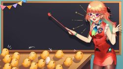 Rule 34 | 1girl, absurdres, adapted costume, alternate costume, badge, bespectacled, bird, bra, breasts, brown legwear, bubble, buttons, chalkboard, charm (object), chick, classroom, cowboy shot, desk, double-breasted, drop earrings, earrings, egg, feather earrings, feathers, glasses, gradient hair, gradient neckwear, green hair, hair ribbon, hands up, headband, highres, hololive, hololive english, indoors, jewelry, long hair, looking at animal, medium breasts, multicolored hair, neckerchief, no headwear, open mouth, orange hair, pencil skirt, pink eyes, pointer, red-framed eyewear, red skirt, ribbon, school, shirt, skirt, sleeveless, sleeveless shirt, smile, sweatdrop, swept bangs, table, takanashi kiara, teacher, teacher and student, teaching, underwear, virtual youtuber, watch, white headband, wristwatch, yunare