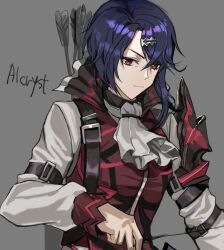 Rule 34 | 1boy, absurdres, alcryst (fire emblem), armor, arrow (projectile), ascot, blue hair, bow (weapon), buckle, closed mouth, fire emblem, fire emblem engage, hair between eyes, hair ornament, hairclip, haru nuri, high collar, highres, holding, long sleeves, looking at viewer, nintendo, red eyes, shirt, short hair, shoulder armor, simple background, solo, vest, weapon, white ascot, white shirt