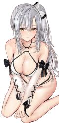 Rule 34 | 1girl, :3, absurdres, azur lane, bare legs, bare shoulders, between legs, bikini, black bow, blush, bow, breasts, cleavage, closed mouth, collarbone, detached sleeves, drake (azur lane), drake (the golden hind&#039;s respite) (azur lane), efuri (riarea00), groin, hair between eyes, hair bow, halterneck, highres, large breasts, long hair, long sleeves, looking at viewer, looking up, see-through, side ponytail, silver hair, simple background, sitting, smile, solo, swimsuit, thighs, very long hair, wariza, white background, white bikini, white bow, yellow eyes
