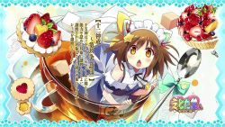 Rule 34 | 10s, 1girl, apron, brown hair, chestnut mouth, cup, eretto, etotama, eyecatch, food, fruit, highres, in container, in cup, maid apron, nyaa-tan, open mouth, ribbon, short hair, spoon, star (symbol), strawberry, sugar cube, text focus, translation request