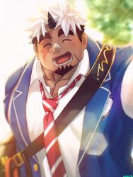Rule 34 | 1boy, :d, ^ ^, akiha gongen (housamo), alternate costume, backlighting, bandaid, bandaid on face, bandaid on nose, bara, between pectorals, casual, closed eyes, commentary request, dark-skinned male, dark skin, facial hair, facial scar, gakuran, goatee, highres, holding, horns, light, looking at viewer, male focus, multicolored hair, muscular, muscular male, necktie, necktie between pectorals, open mouth, pectoral cleavage, pectorals, saro (rotsw 00022), scar, scar across eye, scar on cheek, scar on face, school uniform, selfie, short hair, sideburns, single horn, smile, solo, thick eyebrows, tokyo houkago summoners, two-tone hair, upper body, white hair