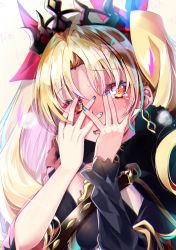 Rule 34 | 1girl, asymmetrical sleeves, black sleeves, blonde hair, bow, covering face, diadem, ereshkigal (fate), fate/grand order, fate (series), hair bow, hair intakes, heart, heart-shaped pupils, highres, long hair, long sleeves, looking at viewer, nail polish, open mouth, red bow, sho (runatic moon), single sleeve, solo, symbol-shaped pupils, twintails, uneven sleeves, upper body, very long hair, wavy mouth