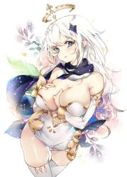 Rule 34 | 1girl, alternate breast size, blue eyes, blush, breasts, cleavage, commentary request, dress, genshin impact, hair ornament, halo, kinokohime, large breasts, long hair, paimon (genshin impact), pout, scarf, skindentation, sleeveless, sleeveless dress, solo, thighhighs, thighs, white background, white hair, white thighhighs
