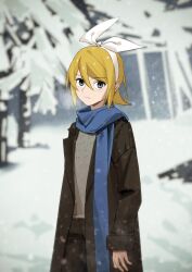 Rule 34 | 1girl, black jacket, blonde hair, blue scarf, blurry, blurry background, bow, bow hairband, cowboy shot, expressionless, grey eyes, grey shirt, hair bow, hairband, highres, jacket, kagamine rin, looking at viewer, outdoors, scarf, shirt, short hair, snow, snowing, solo, standing, tree, vocaloid, white bow, winter clothes, wounds404