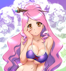 Rule 34 | 1girl, :o, battle spirits, battle spirits: shounen gekiha dan, bikini, blush, breasts, breasts squeezed together, brown eyes, bug, butterfly, cleavage, gem, hair ornament, hand on own face, insect, long hair, magisa, navel, open mouth, orange eyes, parted bangs, pink hair, ponytail, purple bikini, purple hair, scepter, solo, sparkle, swimsuit, twintails, ueyama michirou, underboob, upper body, very long hair, wavy hair