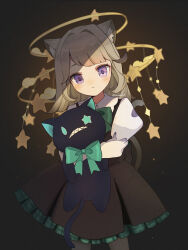 Rule 34 | 1girl, animal ear fluff, animal ears, black dress, blonde hair, blush, bow, brown background, cat, cat ears, cat girl, cat tail, closed mouth, cowboy shot, dark background, dress, dress bow, frilled dress, frills, genshin impact, glowing, green bow, highres, holding, long hair, long sleeves, looking at viewer, lynette (genshin impact), minahoshi37, hugging object, pantyhose, puffy sleeves, purple eyes, shirt, simple background, solo, standing, stuffed animal, stuffed cat, stuffed toy, tail, white shirt