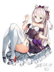 Rule 34 | 1girl, absurdres, animal ear fluff, animal ears, ass, azur lane, bare shoulders, black bow, blue eyes, blush, bow, breasts, cat ears, collarbone, commentary, dated, dress, fang, full body, hair bow, hair ribbon, hammann (azur lane), highres, kuse (0201), long hair, looking at viewer, puffy short sleeves, puffy sleeves, purple bow, ribbon, shoes, short sleeves, silver hair, simple background, skin fang, small breasts, smile, solo, thighhighs, very long hair, white background, white thighhighs