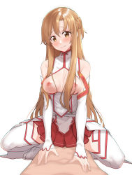 Rule 34 | 1boy, 1girl, absurdres, asuna (sao), bare shoulders, blush, braid, breasts, brown eyes, brown hair, cowgirl position, detached sleeves, girl on top, hetero, highres, implied sex, long hair, looking at viewer, morisobo, nipples, open mouth, parted lips, pleated skirt, red skirt, shiny skin, simple background, skirt, smile, solo focus, squatting, straddling, sword art online, teeth, thighhighs, white background, white sleeves