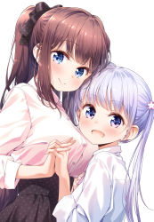 Rule 34 | 2girls, blue eyes, blunt bangs, breasts, brown hair, flower, hair flower, hair ornament, hair ribbon, high-waist skirt, highres, holding hands, interlocked fingers, large breasts, long hair, looking at viewer, multiple girls, new game!, official art, open mouth, ponytail, purple eyes, purple hair, ribbon, shirt, sidelocks, skirt, sleeves past elbows, suzukaze aoba, takimoto hifumi, tokunou shoutarou, twintails, white background, white shirt