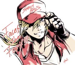 Rule 34 | 1boy, absurdres, artist request, baseball cap, blonde hair, blue eyes, fatal fury, fingerless gloves, gloves, hat, highres, jacket, long hair, looking at viewer, male focus, muscular, nintendo, ponytail, smile, snk, solo, super smash bros., terry bogard, the king of fighters