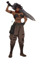 Rule 34 | abs, airisubaka, armpits, artist name, baggy pants, bare shoulders, belt, black belt, black eyes, black gloves, black hair, boots, breasts, brown footwear, colored tips, commentary, cross-laced footwear, dark-skinned female, dark skin, final fantasy, final fantasy xiv, full body, gloves, gunblade, hand on own hip, hand up, highres, huge weapon, large breasts, light smile, looking at viewer, midriff, multicolored hair, muscular, muscular female, navel, original, over shoulder, pants, pouch, red hair, short hair, signature, simple background, standing, symbol-only commentary, two-tone hair, warrior of light (ff14), weapon, weapon over shoulder, white background