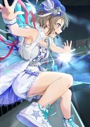 Rule 34 | 1girl, blue eyes, crowd, from side, highres, idol, legs up, light brown hair, lights, love live!, love live! sunshine!!, open mouth, outstretched arms, prbili, short hair, smile, solo, watanabe you