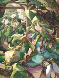 Rule 34 | 2girls, :d, :o, absurdres, aljae (p&amp;d), alynna (p&amp;d), circlet, dress, gloves, green hair, hat, highres, jewelry, kuuron (moesann17), long hair, multiple girls, necklace, open mouth, plant, pointy ears, puzzle &amp; dragons, sitting, smile, tree, vines, waving, witch hat