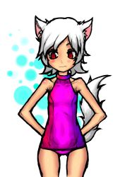 Rule 34 | 1girl, animal ears, cat ears, cat tail, child, flat chest, petite, red eyes, school swimsuit, solo, swimsuit, tail, thigh gap, wabaki, white hair