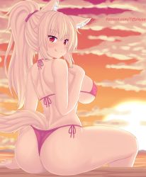 Rule 34 | 1girl, :q, animal ears, ass, bare arms, bare shoulders, bikini, blonde hair, blush, breasts, cat ears, cat girl, cat tail, closed mouth, commentary, english commentary, from behind, highres, large breasts, long hair, looking at viewer, looking back, nottytiffy, original, outdoors, patreon username, pink bikini, ponytail, red eyes, sitting, slit pupils, smile, solo, sunset, swimsuit, tail, thighs, tiffy (nottytiffy), tongue, tongue out, underboob