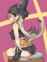 Rule 34 | 1girl, animal hat, barrel, black gloves, black hair, black hat, black shirt, black shorts, brown panties, brown shirt, cat girl, cat hat, cat tail, closed mouth, cougar (cougar1404), cropped shirt, from side, gloves, gradient hair, grey hair, hashtag-only commentary, hat, layered clothes, light frown, long hair, looking at viewer, looking back, micro shorts, multicolored hair, original, panties, purple background, red eyes, ribbed panties, ribbed shirt, shirt, shorts, sitting, sleeveless, sleeveless shirt, solo, tail, thigh strap, turtleneck, underwear