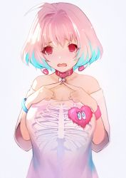 Rule 34 | 1girl, @ @, ahoge, aqua hair, bare shoulders, blush, bracelet, breasts, choker, cleavage, collarbone, earrings, fang, fingers together, grey background, heart, heart choker, heart on chest, idolmaster, idolmaster cinderella girls, index fingers together, jewelry, large breasts, looking at viewer, multicolored hair, nido celisius, open mouth, pill, pill earrings, pink hair, red eyes, shirt, short hair, skeleton print, solo, t-shirt, tears, two-tone hair, wavy mouth, yumemi riamu