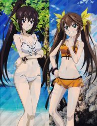 Rule 34 | 10s, 2girls, absurdres, bare shoulders, beach, bikini, bleed through, blue sky, blush, bracelet, breast hold, breasts, brown hair, cleavage, cloud, day, female focus, green eyes, grin, groin, hand on own hip, hashimoto takayoshi, highres, huang lingyin, infinite stratos, jewelry, knees, long hair, medium breasts, multiple girls, navel, official art, outdoors, ponytail, purple eyes, purple hair, scan, scan artifacts, shinonono houki, sky, small breasts, smile, split ponytail, swimsuit, tankini, thigh gap, thighs, twintails, very long hair, white bikini, wristband