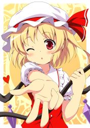 Rule 34 | 1girl, :o, absurdres, ascot, blonde hair, blowing kiss, blush, child, embodiment of scarlet devil, face, female focus, flandre scarlet, foreshortening, hand focus, happy, hat, heart, highres, one eye closed, ponytail, red eyes, short hair, side ponytail, solo, touhou, wings, wink, yamasan