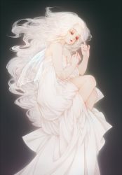 Rule 34 | 1girl, albino, art nouveau, bare shoulders, black background, closed mouth, dress, grey background, half-closed eyes, keylin-lin-, long dress, long hair, lying, original, see-through, simple background, solo, transparent wings, very long hair, white dress, white hair, wings
