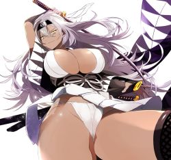 Rule 34 | 1girl, arm guards, arm up, artist request, black thighhighs, breasts, cameltoe, cleavage, closed mouth, cowboy shot, dark-skinned female, dark skin, foreshortening, from below, fundoshi, grey hair, headband, highres, japanese clothes, katana, large breasts, long hair, obi, sash, sheath, simple background, solo, sword, thighhighs, weapon, white background, yellow eyes