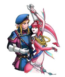 1boy 1girl beret blonde_hair blue_eyes blue_hat brown_eyes colored_skin commentary commission dancing english_commentary epaulettes fins fish_girl gloves hat head_fins huzongyu hyrule_warriors:_age_of_calamity jewelry link looking_at_another mipha nintendo open_mouth pink_skin pointy_ears royal_guard_set_(zelda) sidelocks simple_background smile the_legend_of_zelda the_legend_of_zelda:_breath_of_the_wild triforce white_background white_gloves zora