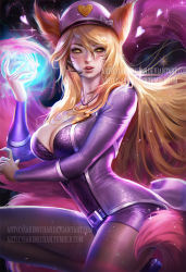 Rule 34 | 1girl, ahri (league of legends), alternate costume, animal ears, blonde hair, breasts, cleavage, energy ball, facial mark, fox ears, fox tail, hat, headset, heart, league of legends, pantyhose, peaked cap, popstar ahri, realistic, sakimichan, solo, tail, whisker markings, whiskers, yellow eyes