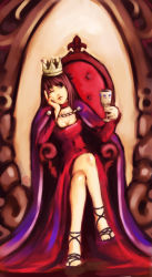 Rule 34 | 1girl, chalice, crossed legs, crown, cup, dress, female focus, gown, head rest, one eye closed, princess, sandals, sitting, solo, throne, wink