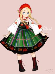 Rule 34 | 1girl, blonde hair, blue eyes, blush stickers, boots, braid, colorful, dated, full body, head scarf, highres, jewelry, leaning forward, long sleeves, looking at viewer, necklace, original, pearl necklace, pigeon-toed, pink background, polish clothes, polish text, sako (35s 00), signature, simple background, skirt hold, slavic clothes, smile, solo, standing, traditional clothes, twin braids