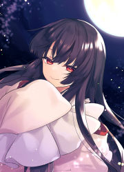 Rule 34 | 1girl, :&gt;, black hair, closed mouth, commentary, eyebrows hidden by hair, frilled sleeves, frills, full moon, hand up, hime cut, houraisan kaguya, long hair, long sleeves, looking at viewer, moon, night, pink shirt, red eyes, shirt, sleeves past fingers, sleeves past wrists, smug, solo, tomobe kinuko, touhou, upper body, wide sleeves