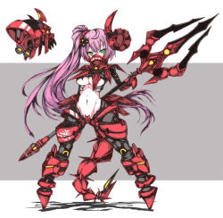 Rule 34 | 1girl, armor, artery gear, artery gear: fusion, breasts, clothing cutout, crotch plate, green eyes, grey background, groin, hair ornament, hair ribbon, holding, holding trident, holding weapon, kuro (kuroi-nanika), long hair, mask, mecha musume, mechanical legs, mechanical tail, medium breasts, mouth mask, navel, pink hair, polearm, ribbon, shadow, shinonome (artery gear), side ponytail, simple background, solo, standing, stomach, stomach cutout, tail, trident, underboob, underboob cutout, v-shaped eyebrows, very long hair, weapon